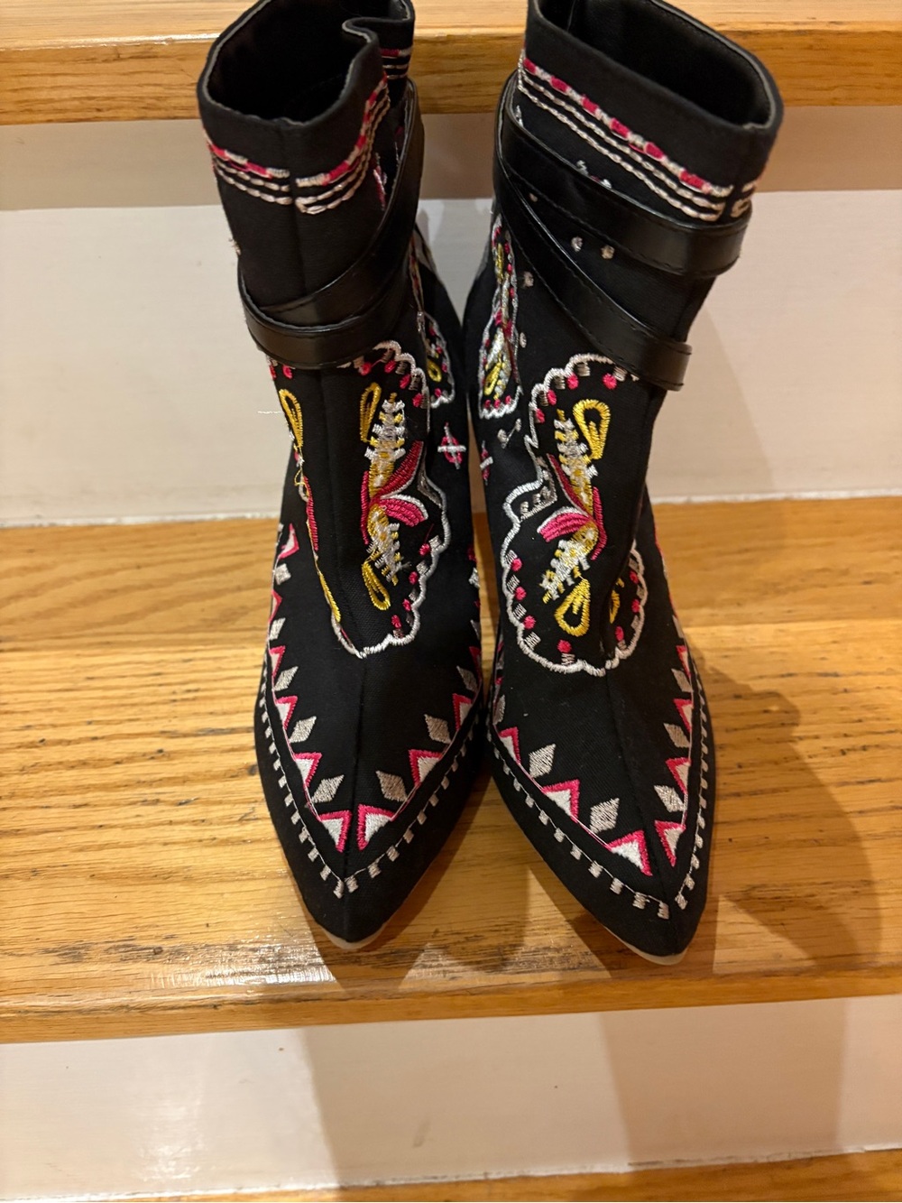Black Embroidered Pointed-Toe Ankle Boots with Pink & Yellow Accents
